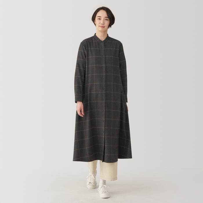 Muji Flannel Stand Collar Long Sleeve Patterned Kleid Damen Schwarz | TS0I0O24A