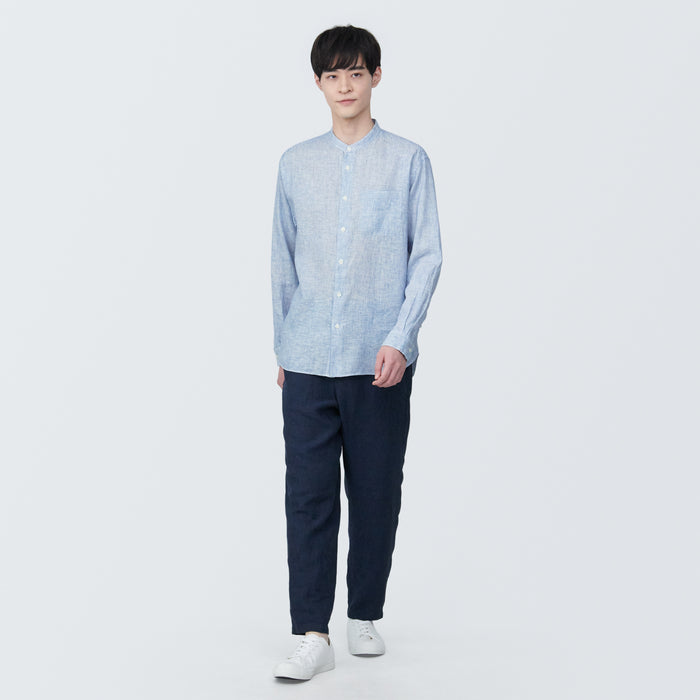 Muji Linen Stand Collar Long Sleeve Patterned Hemd Herren Blau | HB9S5I76P