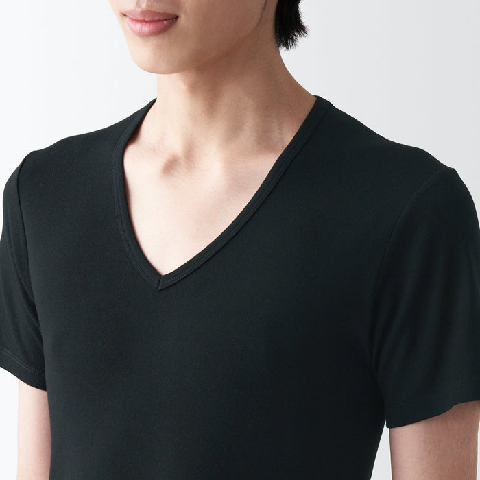 Muji Side Seamless Ribbed V Neck Short Sleeve T-shirts Herren Schwarz | XA8F1J99P