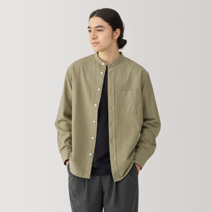 Muji Washed Oxford Stand Collar Long Sleeve Hemd Herren Olivgrün | OD4M1B28Z